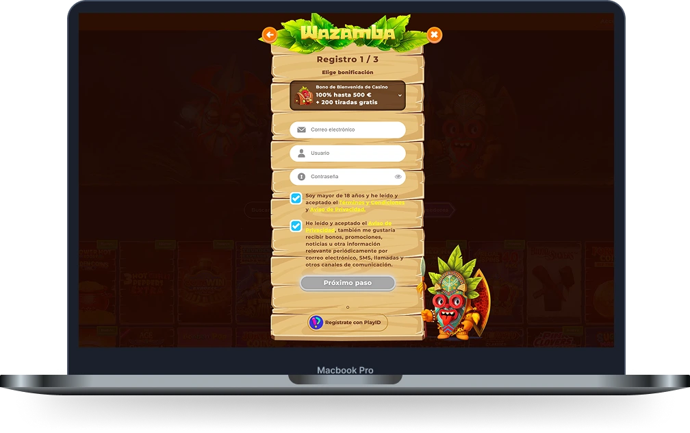 Wazamba Casino formulario de registro en ordenador portátil